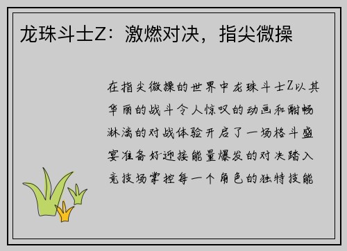 龙珠斗士Z：激燃对决，指尖微操